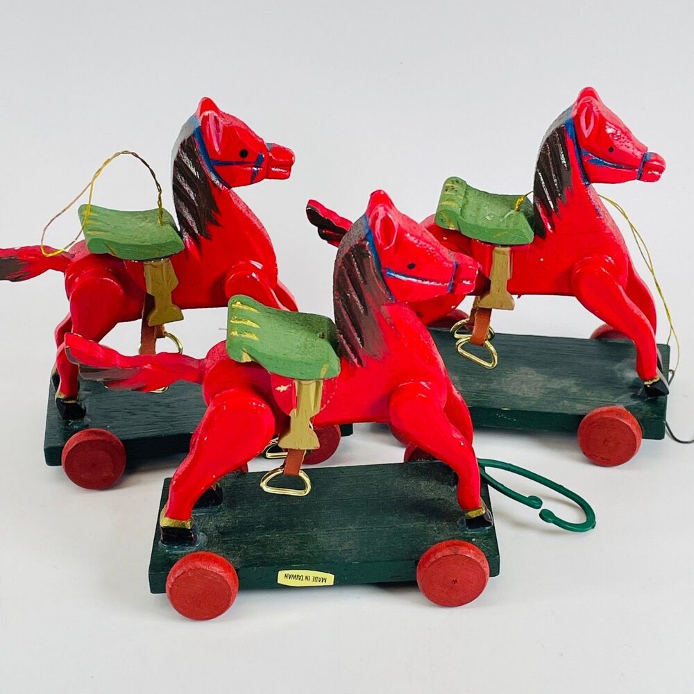 Lot of 3 VTG Wooden Toy Horse Ornaments on Wheels Christmas Folk Art Dala Style